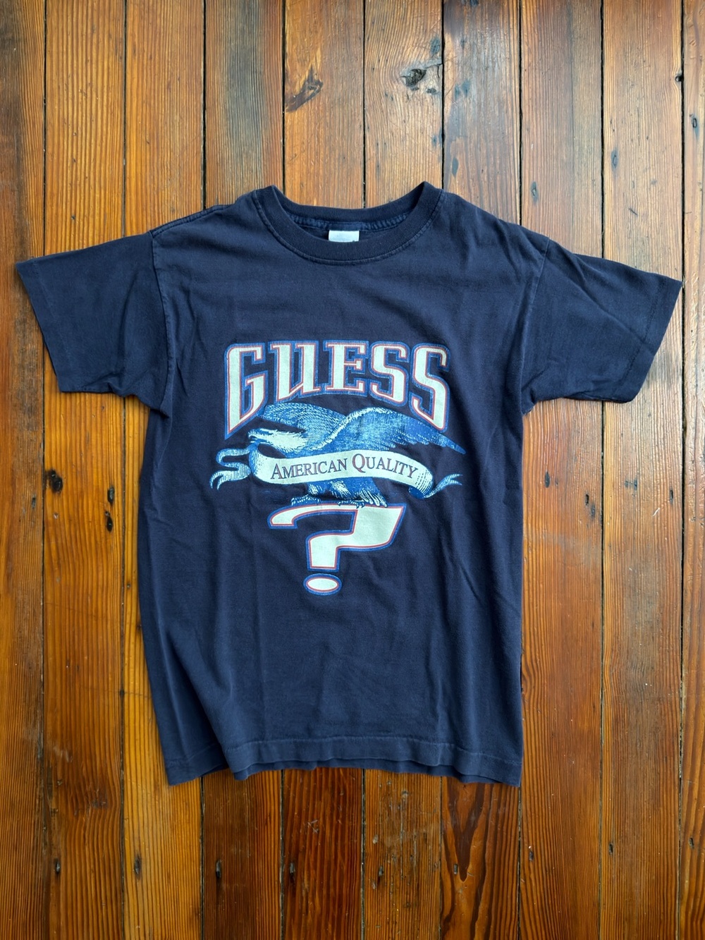 Vintage 90s Guess? logo American Quality eagle 100% cotton USA made navy t-shirt - Picture 3 of 8